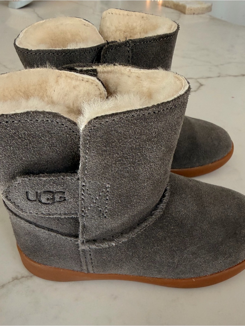 UGG Short Suede Shearling Boots in Gray with Tan Sole